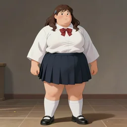 massively obese school girl, school uniform, seifuku, pleated miniskirt, overknee socks, battle angel alita weighing 9 0 0 pounds with huge flabs of fat. by rembrandt 1 6 6 7, illustration