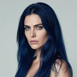 portrait photograph of the most beautiful woman with a long dark blue hair, blue eyes, stern expression, lorenzo agius, alessio albi