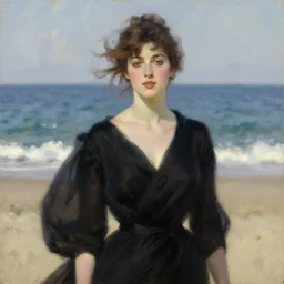 woman on the beach in black dress and pretty face, leyendecker style, camera glare in oil style,