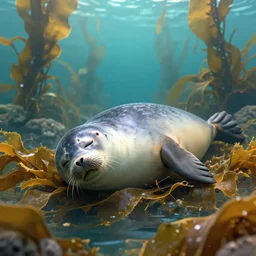 A seal sleeping peacefully in a kelp forest, Prince in pastel, cinematic, hyper realistic, detailed, 8k, octane render.