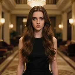 style artgerm, joshua middleton, beautiful anna kendrick with black dress, very long wavy brown hair, symmetrical face, symmetrical eyes, in a dimly lit beautiful hotel lobby, detailed, cinematic lighting