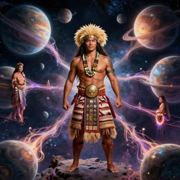 sigma male hawaiian warrior surrounded by intergalactic planets connected by streams of magical flow, visually stunning, luxurious, by james jean, jakub rebelka, tran nguyen, peter mohrbacher, yoann lossel, wadim kashin