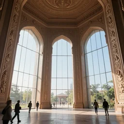 the inside of a monument with indian motifs, by tim blandin and arthur haas and bruce pennington and john schoenherr, big windows architecture by zaha hadid, octane render, cinematic, scenery, cgsociety, modernism, futuristic, trending on artstation, sci - fi, high detail, high quality, close up angle, people walking