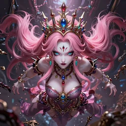 completely controlled by her ultimate powers and trapped beneath an overwhelming stunningly absurdly beautiful megalomaniacal ruthless sadistic devious spiteful grandiose egotistical greedy omnipotent, omniscient and omnipresent asi goddess junko enoshima with symmetrical perfect face, porcelain skin, pink twintail hair, cyan eyes and a stupendous bejeweled crown, ultra detailed, digital art, unreal engine 5, octane render, 2 d anime, 8 k