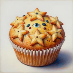 intricate five star magic muffin by pablo picasso, oil on canvas, hdr, high detail, photo realistic, hyperrealism, matte finish, high contrast, 3 d depth, centered, masterpiece, vivid and vibrant colors, enhanced light effect, enhanced eye detail, artstationhd