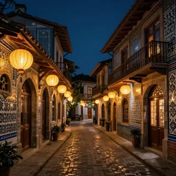 winding street at midnight in a very old very beautiful city by George Price Boyce and Maxfield Parrish, glowing paper lanterns, strong dramatic cinematic lighting , ornate tiled architecture, lost civilizations, smooth, sharp focus, extremely detailed