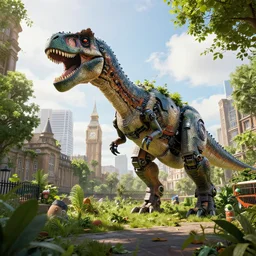 overgrown london taken over by robot dinosaurs, highly detailed, 4k, HDR, award-winning, artstation, octane render