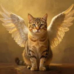 a cat with wings. golden atmospheric lighting. highly detailed digital painting by greg rutkowski.