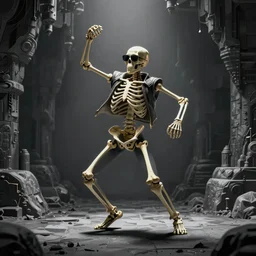 a skeleton in sunglasses dancing, digital art, limited color palette, gray dungeon background, very realistic, artstation