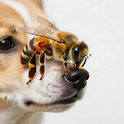 photography of a chimera mixed by a bee and a dog. pollen on the nose. contest winning photography. 8 k. hyper - realistic
