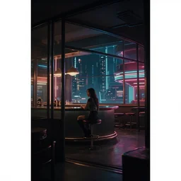 vertical movie frame portrait of girl in 5 0's retro bar interior, neon - decorated urban on night in the city seen through the window, modern interior design, architectural design, vintage, night blade runner, dark, postapocalyptic, clean lines, 4 k, octane, asian futuristic city at distance, big windows, octane, wide angle