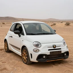 a wrecked 2 0 1 0 abarth 5 0 0, abandoned in a desert, dusty, damaged, some rust