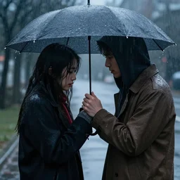 breaking up with someone, in the rain, very wet