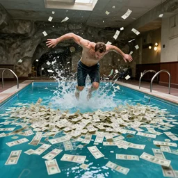 a pool full of money in a bank caveau, man jump inside the pool