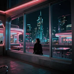 vertical movie frame, girl in 5 0's retro restaurant, editorial, fashion, neon - decorated urban on night in the city seen through the window, modern architecture design, vintage, night, blade runner, dark, postapocalyptic, clean lines, asian futuristic city at distance, big windows, octane, wide angle