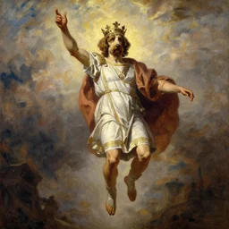 beautiful oil painting portrait of ancient roman bernedoodle emperor hovering in the air wearing the civic crown levitating and ascending in stations of the cross pose, art by anders zorn, wonderful masterpiece by greg rutkowski, expressive brush strokes, beautiful cinematic light, american romanticism by greg manchess, jessica rossier