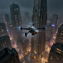 a drone chase down a brutalism looking city, dim neon lights, lens flare, scale, night life, heavy rain, deep focus, d & d, fantasy, intricate, elegant, highly detailed, digital painting, artstation, concept art, matte, sharp focus, illustration, art by artgerm and greg rutkowski and alphonse mucha