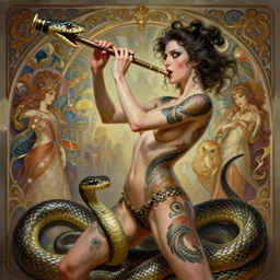 portrait of a slim woman playing an instrument taming a snake , with a big snake tattoo around her body, mischievous, action expressive pose, fantasy, intricate, carnival background, highly detailed, digital painting, artstation, concept art, smooth, sharp focus, illustration, art by artgerm and greg rutkowski and alphonse mucha