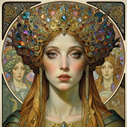 detailed realistic beautiful young medieval alien queen face portrait by jean delville, gustave dore and marco mazzoni, art nouveau, symbolist, visionary, gothic, pre - raphaelite, iridescent fractal details. horizontal symmetry by zdzisław beksinski, iris van herpen, raymond swanland and alphonse mucha. highly detailed, hyper - real, beautiful