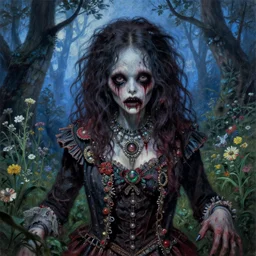 a pretty but sinister and creepy monster in layers of fear, with haunted eyes, wearing punk clothing, violence in her eyes, 1 9 7 0 s, seventies, delicate embellishments, a little blood, woodland, blue dawn light shining on wildflowers, painterly, offset printing technique, by alexandre cabanel and brian froud