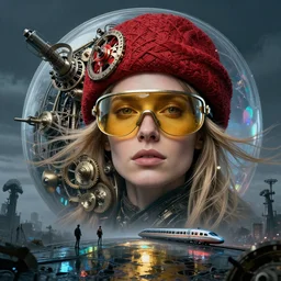 detailed face of a woman, clockwork, moment, tectonic sky, skydome, bullet train, turbines, utopian, tech noir, wet reflections, prism, atmospheric, ambient, pj crook, syd mead, livia prima, artgerm, greg rutkowski, nick alm, casey baugh, long blonde hair, gold tinted visor, red weave hat, windswept