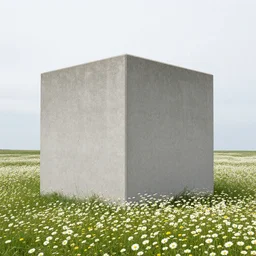 an enormous, monolithic concrete heqd in the foreground of a meadow of daises, visible horizon, overcast day, no clouds
