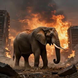 elephant in a post apocalyptic city where the sky is on fire
