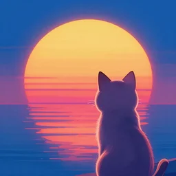 cat watching retrowave vintage sunset, big round sun, synthwave, neon, digital painting, artstation