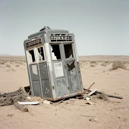 A crashed TARDIS in the New Mexico desert. Debris. 1940s photograph.