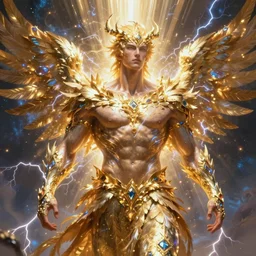 full muscular body male made of gemsl with golden feathers ,thunder, shining light, nebulas, god rays by Karol Bak, Ayami Kojima, Amano