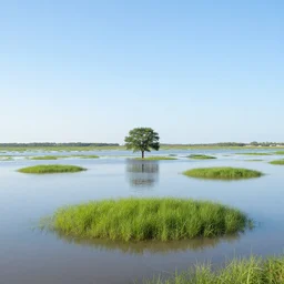 flooded plains landscape. one tree. clear sunny day at noon. elevated grass islands up close to camera. grass islands. max rive, 1 6 megapixel, instagram, landscape, hdri, light blue sky