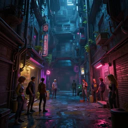 intricate detailed photo environement cyberpunk alley : 4, 4 k rtx hdr volume light concept studio matte painting environement digital illustration style borderlands artstation artur tarnowski, mihai muscan, marcin tomalak, marta leydy, marcin stepien, charlotte hughes, zuzanna dabrowa neon bioluminiscence
