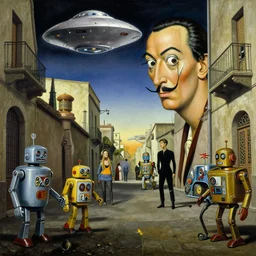 salvidor dali painting of 1 9 5 0 s scifi, tin toy robots, ufo, flying saucer, moon, meninblack, steampunk, alley, streets, nicoletta ceccoli, mark ryden, lostfish, hyperrealistic, octane render detailed and intricate environment