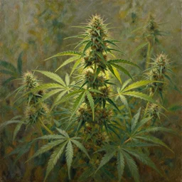 oil painting by anders zorn, nature, bush, marijuana flowers, backlit cannabis leaves with backlight