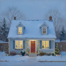 christmas decorations, a small suburban house, dusty blue. beautiful painting by artgerm and greg rutkowski