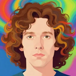 a colorful vibrant closeup portrait of a simple caucasian man with curly mid length brown hair with a calm aesthetic face and dreaming psychedelic hair, neutral, by kawase hasui, moebius, edward hopper and james gilleard, zdzislaw beksinski, steven outram colorful flat surreal design, hd, 8 k, artstation