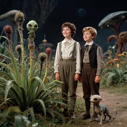 detailed, sharp, a girl with very short hair and a boy standing next to some strange wild alien plants, looking happy, wearing 1840s era clothes, their small pet tiny alien creature is standing nearby, in a park on a strange alien planet, extremely highly detailed, in focus faces, 70mm still from a classic period sci fi color blockbuster movie, 4k, 35mm macro lens, high quality lighting, sharp focus