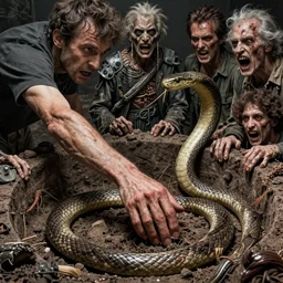 a man sticking his hand in a snake pit, horror art by beksinski and szukalski and giger and and pyromallis and dzo and iris compiet and seb mckinnon and, digital art, highly detailed, intricate, sharp focus, trending on artstation hq, deviantart, pinterest, unreal engine 5, 4 k uhd image