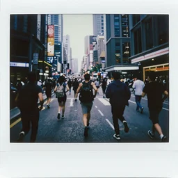 a crowd of people running away from zombies in a futuristic cyberpunk city, polaroid photo