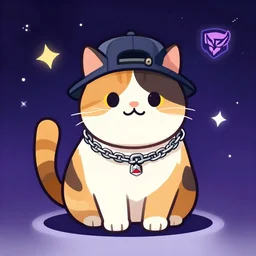 a fat calico cat wearing a chain and backwards hat on a cosmic background, e - sports logo vector