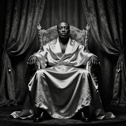 Large black man sitting on throne wrapped in silk, background made of large folding curtains, dark, hyper detailed, hyper realistic, 8K photo realistic, black and white color, dimly lit, butterfly lighting, dark, style of rafael pavarotti