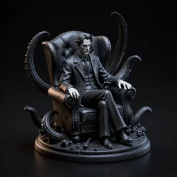 isometric view 2 8 mm miniature statue howard phillips lovecraft dressed suit sitting in tall leather armchair, with small cat on lap, big tentacle sneak around, darkness, black resin material, black background, octane render, backlight, highly detailed intricate matte sharp focus digital painting artstation pixiv
