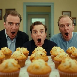muffins with big mouths and little eyes. scorsese, wes anderson, kodachrome, fred herzog. epic view. cinestill film tones, by chesley bonestell, vincent di fate