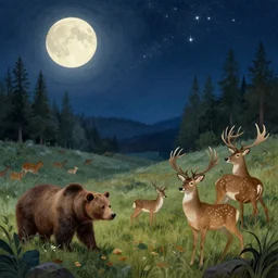 primordial nature stars happy night grand deer wilderness animals fields woodlands bears llustration sharp focus moonlit vista starlight painted ruan jia raymond swanland lawrence alma tadema zdzislaw beksinski norman rockwell tom lovell alex malveda greg staples