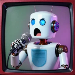 a surprised funny robot screaming into a microphone, 1 9 9 0 s tv, vhs texture, thrilling reality tv