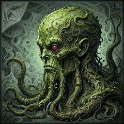 face!!!!!! of cthulu!!!!, background colored profile photo of vine tentacles tentacles made of vines with vines!! attached to the head of cthulhu 4 : 3 aspect ratio, tentacle monster by beksinski!!, mc escher!!! tessellation!!! artstation
