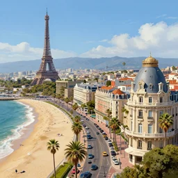 the beautiful city of paris rebuilt next to the ocean in sunny california, amazing weather, beach view, palm trees, splendid haussmann architecture, wonderful eiffel tower, digital painting, highly detailed, intricate, concept art, matte painting, trending on artstation, art by greg rutkwowski, artgerm, wlop