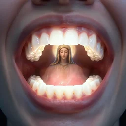 a dentist's view of a wide open mouth with a lot of teeth. the teeth are glowing with an unknown holy presence. the virgin mary can be seen.
