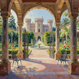 courtyard walkway, fountain, castle, stairway, chairs, wrought iron, gate, botanic garden, botanical herbarium paper, oil colored painting, iridescent colors, realistic shaded, fine, artstation, italian style, colonnade ornate headdress, craving, carved, insanely detailed