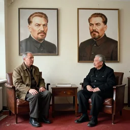 homo soveticus living in ussr on the flat with portrait with stalin